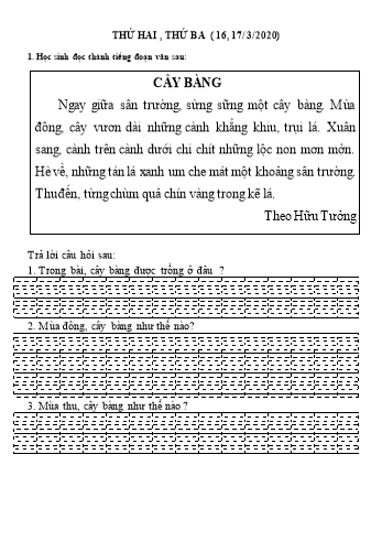 Nội dung ôn tập môn Tiếng Việt, Toán Lớp 1 - Ngày 16, 17/3 - Năm học 2019-2020