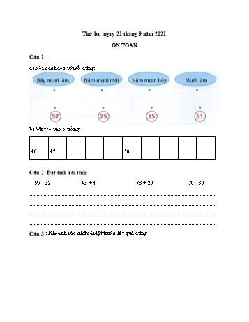 Nội dung ôn tập môn Toán Lớp 2 - Ngày 29/1 - Năm học 2021-2022