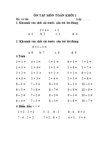 Nội dung ôn tập Toán Lớp 1