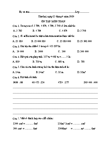 Tổng hợp ôn tập lần 6 môn Toán, Tiếng Việt Khối 4 - Năm học 2019-2020